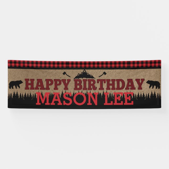 Buffalo Plaid Lumberjack Happy Birthday Banner (Horizontal)
