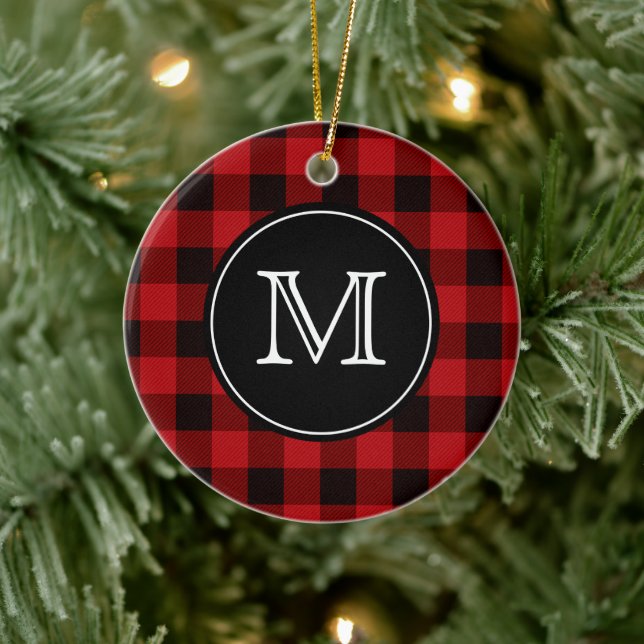 Buffalo Plaid Lumberjack Red and Black Monogram Ceramic Ornament (Tree)