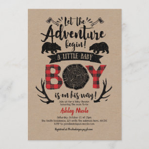 Buffalo Plaid, Lumberjack, Rustic, Kraft, Baby Boy Invitation