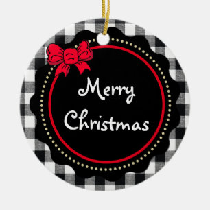 Buffalo Plaid Merry Christmas Black and White Ceramic Ornament