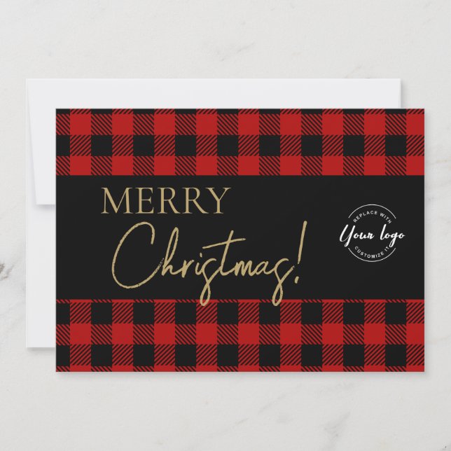 Buffalo Plaid Merry Christmas Corporate Logo  Holiday Card (Front)