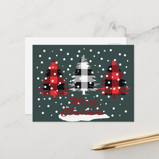 buffalo plaid merry christmas holiday postcard (Front/Back In Situ)