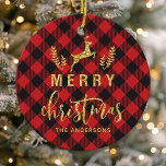 Buffalo Plaid Merry Christmas Monogram Ceramic Ornament<br><div class="desc">Add a cozy, rustic touch to your holiday decor with this personalized ceramic ornament, featuring a classic buffalo plaid background and festive gold accents. Perfect for adding a personalized element to your Christmas tree, this ornament includes "Merry Christmas" in elegant script with space for a family name or monogram. Ideal...</div>