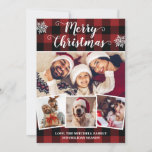 Buffalo Plaid Merry Christmas Red and Black Photo Holiday Card<br><div class="desc">Design features a 4 photo collage decorated with snowflakes,  elegant script writing that reads "Merry Christmas" and a stylish buffalo plain background in red and black colours.</div>