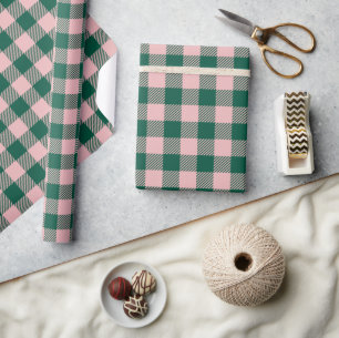 Buffalo Plaid Modern Christmas Holiday Green Pink Wrapping Paper