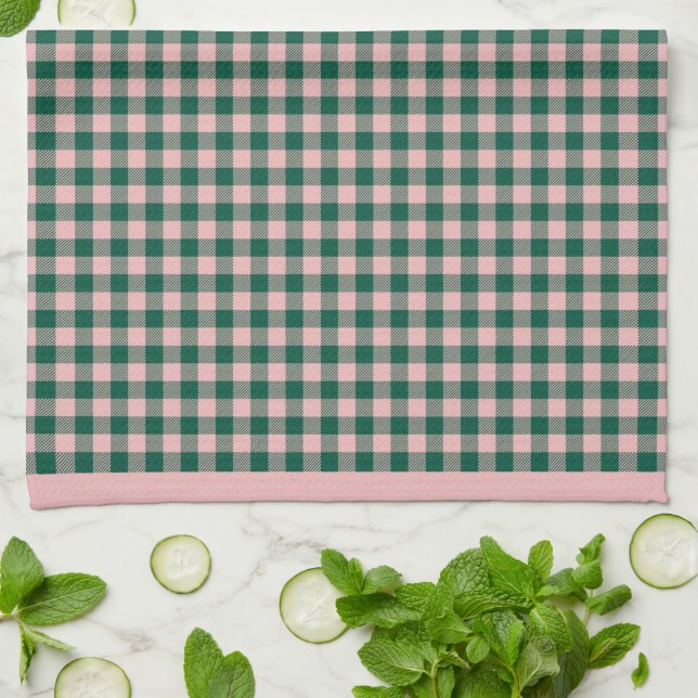 Buffalo Plaid Modern Holiday Green & Pink Kitchen Towel (Folded)