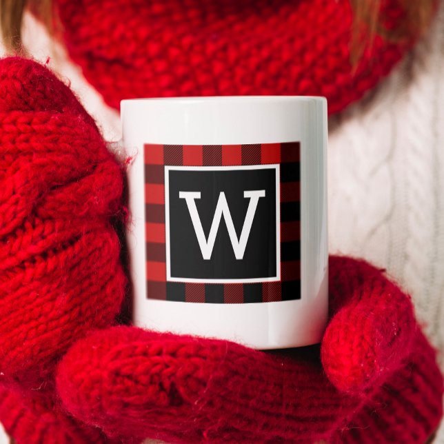 Buffalo Plaid Monogram Holiday Coffee Mug (Classic Monogram with a buffalo plaid pattern behind it perfect for a holiday gift.)