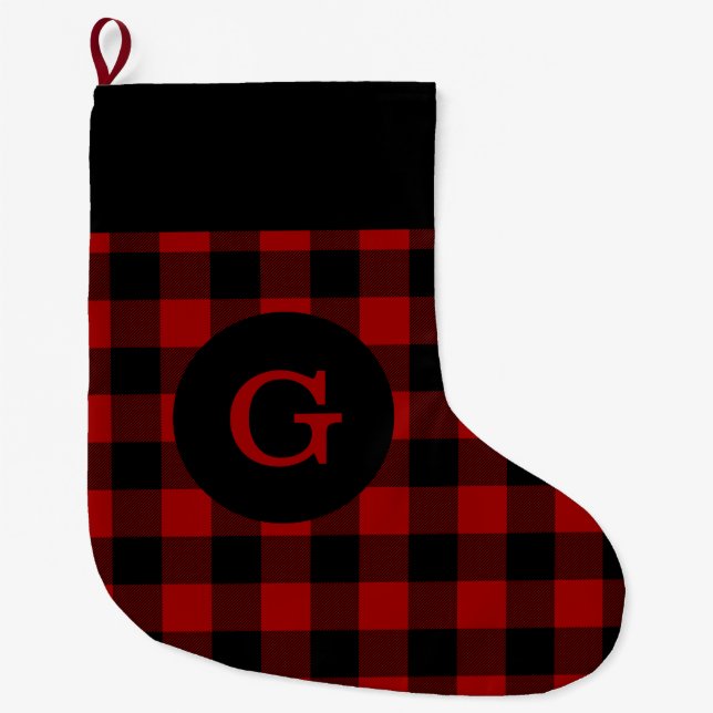 Buffalo Plaid Monogram Large Christmas Stocking (Front)