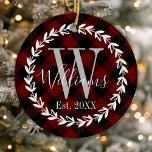 Buffalo Plaid Monogram Name Family Christmas Ceramic Ornament<br><div class="desc">This cute rustic farmhouse design features a Buffalo Plaid pattern with a Monogram Wreath. A trendy Family Christmas Ceramic Ornament keepsake for the holidays. Personalize this custom design with your own family name or text.</div>
