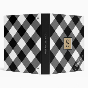 Buffalo Plaid Monogram Script Name Black White Binder