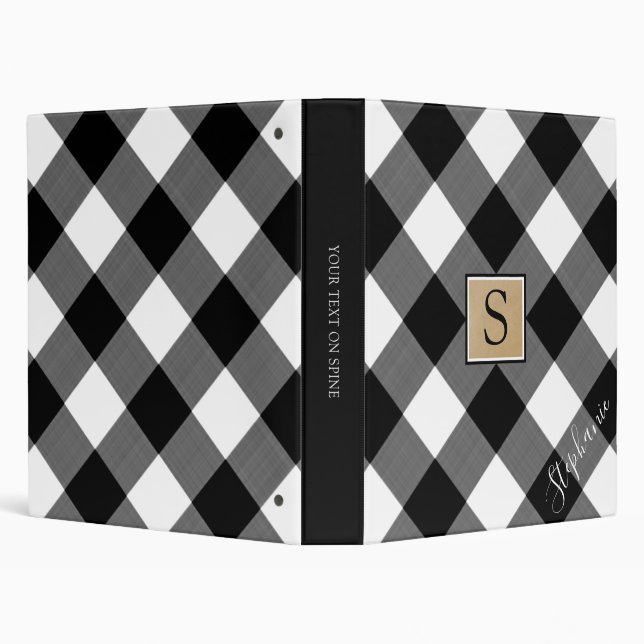 Buffalo Plaid Monogram Script Name Black White Binder (Background)