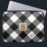 Buffalo Plaid Monogram Script Name Black White Laptop Sleeve<br><div class="desc">Rustic black and white buffalo check laptop sleeve with monogram on centre brown square with white and black borders. Personalize further with a name or other custom text in the lower right corner in an editable modern handwritten script font (or delete the sample text to leave the area blank). CHANGES:...</div>