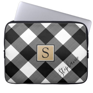 Buffalo Plaid Monogram Script Name Black White Laptop Sleeve