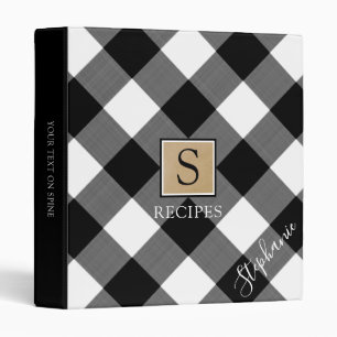 Buffalo Plaid Monogram Script RECIPE Black White Binder