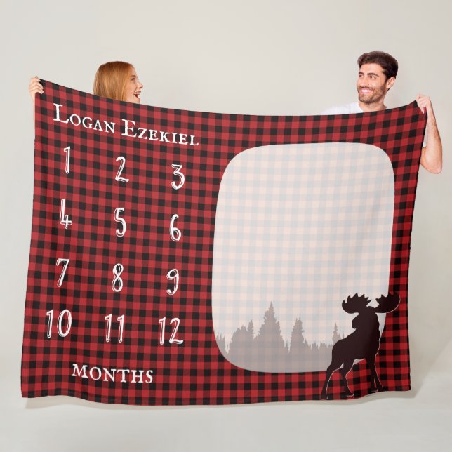 Buffalo Plaid Moose Lumberjack Baby Milestone Fleece Blanket (In Situ)