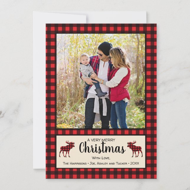 Buffalo Plaid & Moose Rustic Christmas Photo Card (Front)