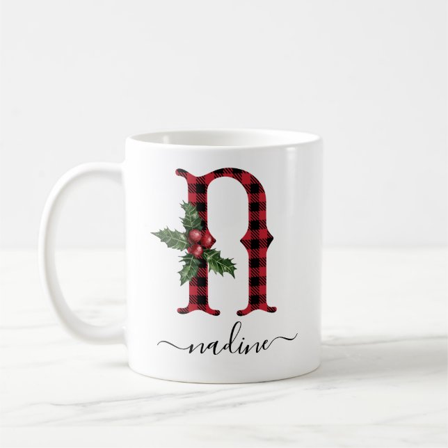 Buffalo Plaid N Monogram Christmas Coffee Mug (Gauche)
