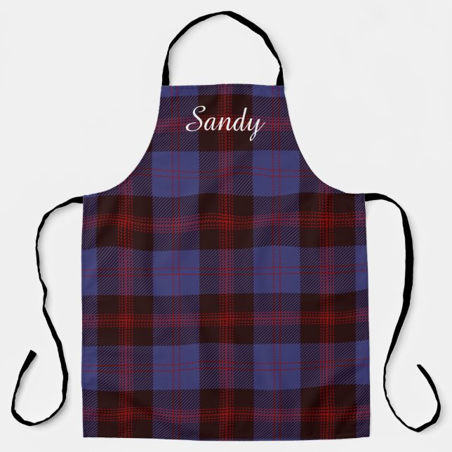 Buffalo plaid navy blue red monogram name apron (Front)