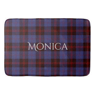 Buffalo plaid navy blue red monogram name bath mat