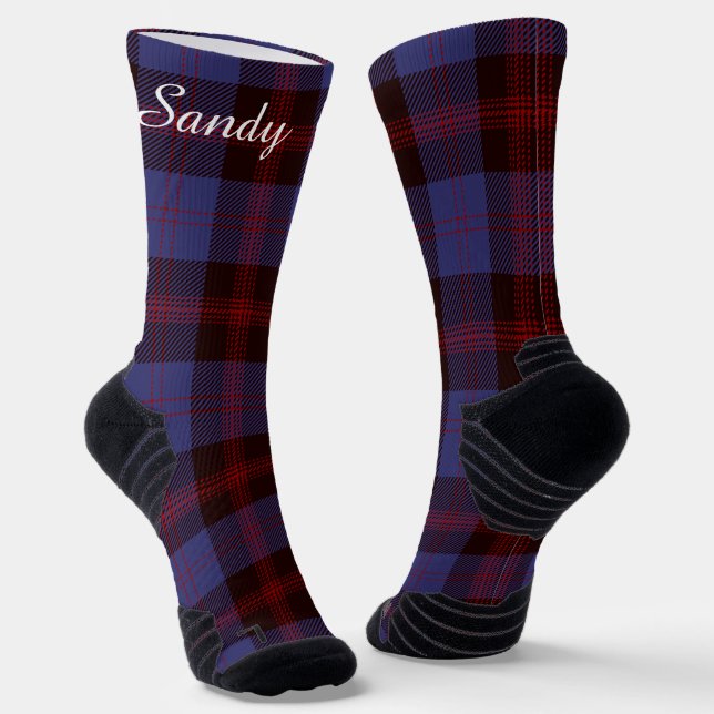 Buffalo plaid navy blue red monogram name socks (Angled)