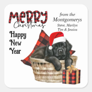 Buffalo Plaid Newfoundland Puppy Christmas Square Sticker