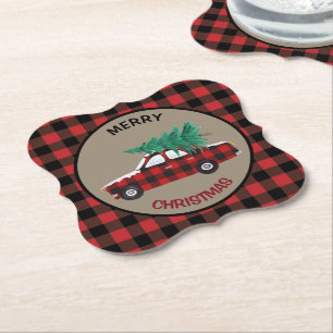Buffalo Plaid Pattern Christmas Car Paper Coaster