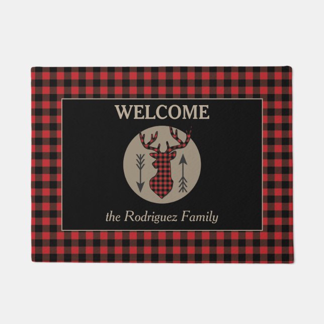Buffalo Plaid Pattern Deer Arrow Welcome Doormat (Front)