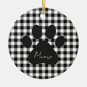 Buffalo Plaid Paw Print Black White Meow Classic Ceramic Ornament