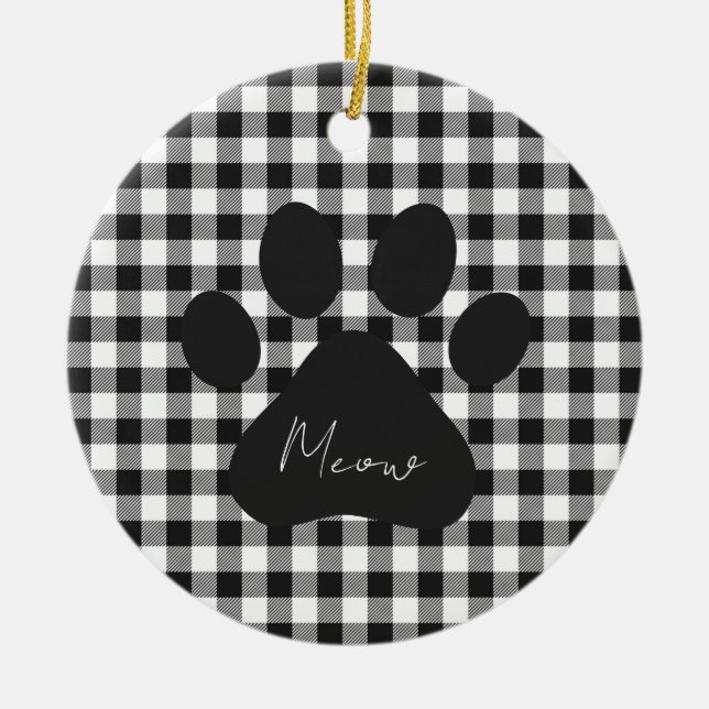 Buffalo Plaid Paw Print Black White Meow Classic Ceramic Ornament (Front)