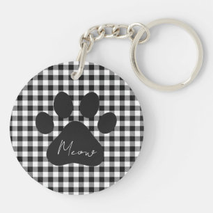 Buffalo Plaid Paw Print Black White Meow Classic Keychain