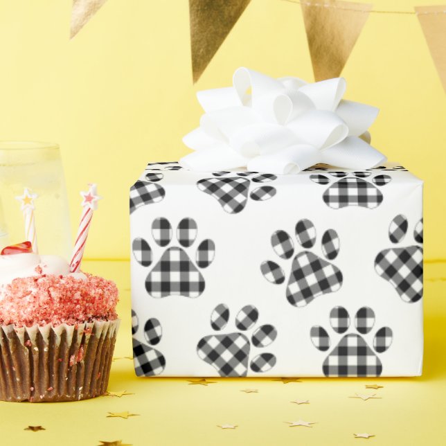Buffalo Plaid Paw Print Wrapping Paper (Birthday Party)
