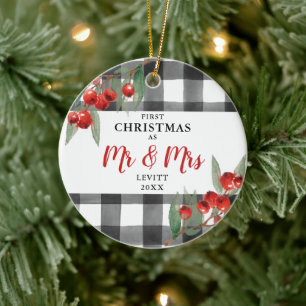 Buffalo Plaid Personalized 1st Christmas Mr & Mrs Ceramic Ornament