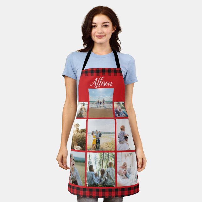 Buffalo Plaid Personalized Family Photo Collage Apron (Worn)