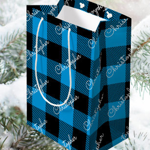 Buffalo Plaid Personalized Name Script Blue Medium Gift Bag