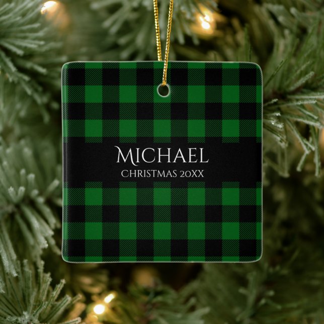 Buffalo Plaid Personalized Name Year Ceramic Ornament (Tree)