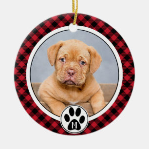 Buffalo Plaid Photo Monogram Pet Christmas  Ceramic Ornament