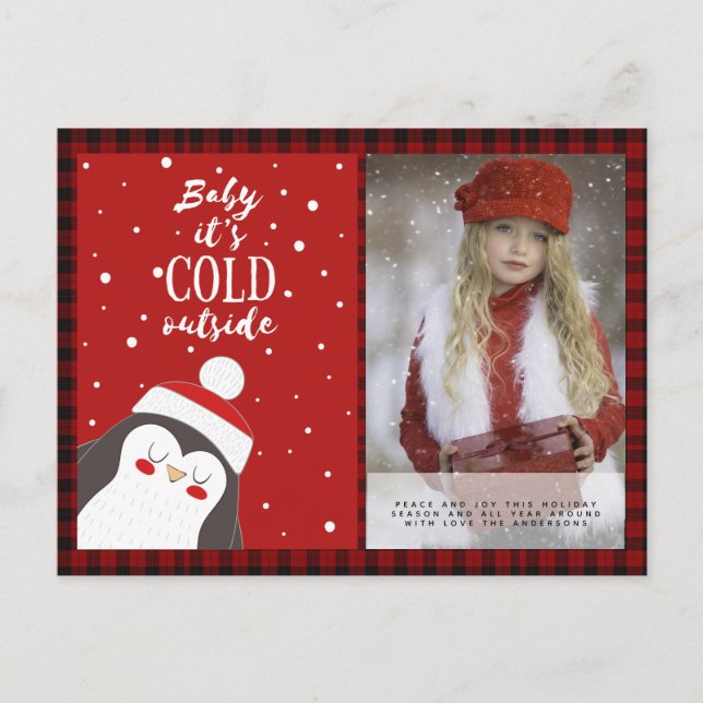 Buffalo Plaid Photo Xmas New Year Folk Art Penguin Postcard (Front)