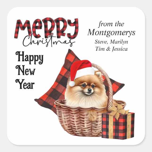 Buffalo Plaid Pomeranian Dog Christmas Square Sticker (Front)
