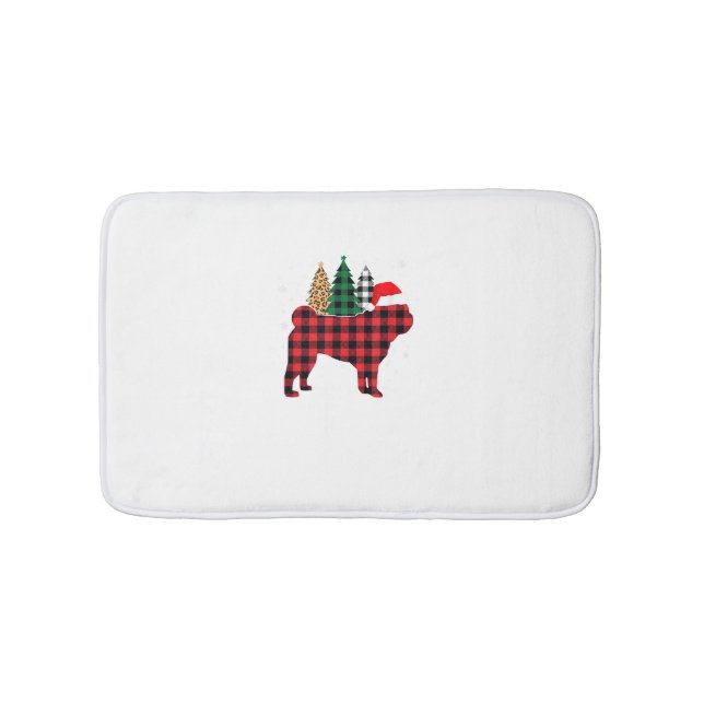Buffalo Plaid Pug Dog Tree Leopard print Christmas Bath Mat (Front)