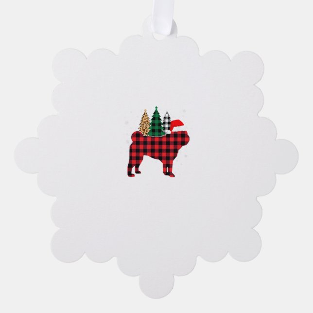 Buffalo Plaid Pug Dog Tree Leopard print Christmas Ornament Card (Front)