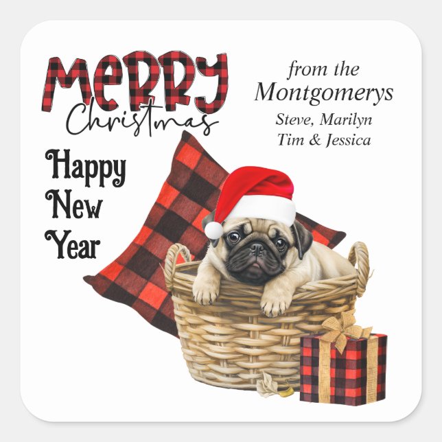 Buffalo Plaid Pug Puppy Christmas Square Sticker (Front)