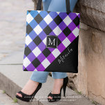 Buffalo Plaid Purple Pink Monogram Name Tote Bag<br><div class="desc">Personalized tote bag featuring a cool buffalo check plaid pattern in colours of purple, pink, blue and black with a monogram and name in your choice of text font styles and colours. Add a name or delete the sample text to leave the area blank on the solid black corner. The...</div>