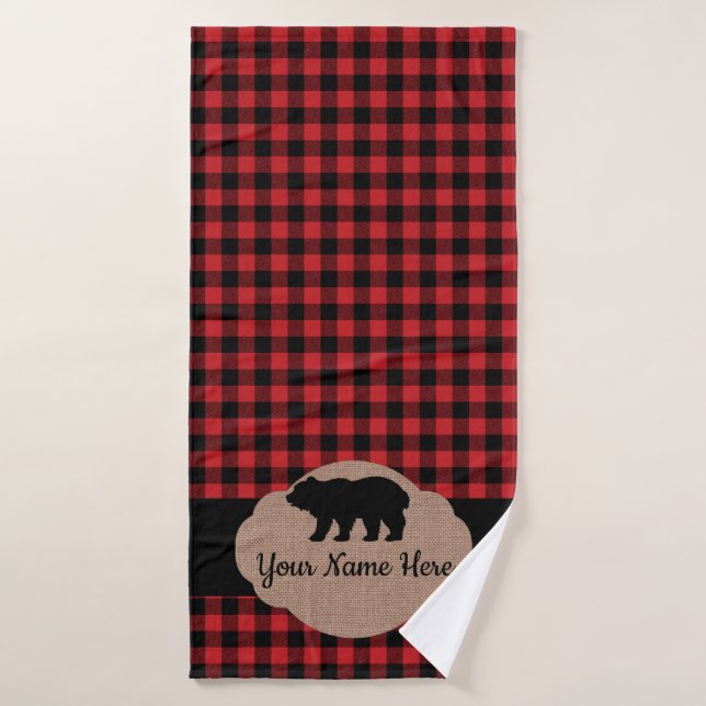 Buffalo Plaid Red and Black Cabin Bear Monogram Bath Towel Set (Bath Towel)