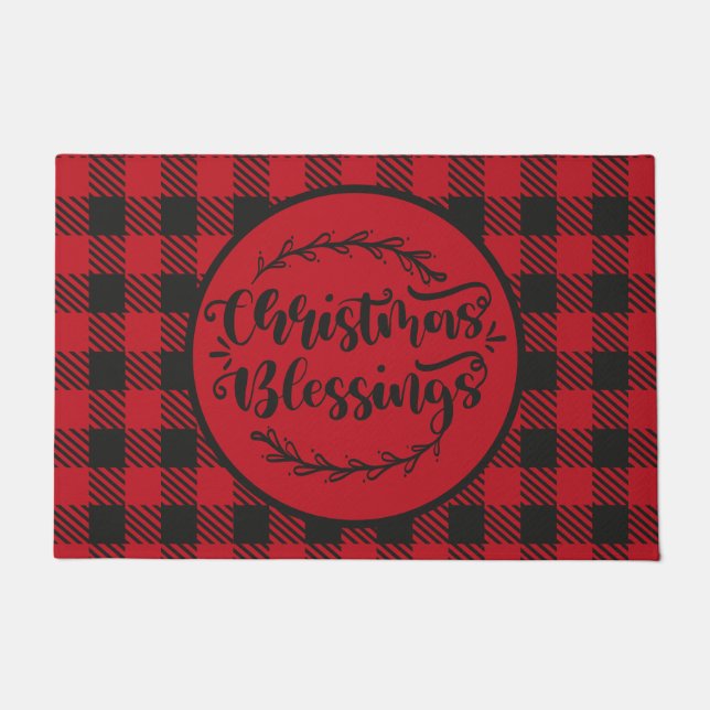 BUFFALO PLAID RED AND BLACK CHRISTMAS GREETING DOORMAT (Front)