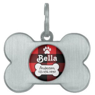 Buffalo Plaid Red and Black Custom Dog Bone Pet ID Tag
