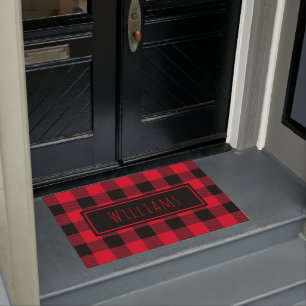 Buffalo Plaid Red and Black Custom Name Doormat