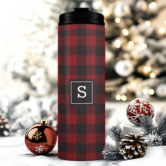 Buffalo Plaid Red And Black Lumberjack Monogrammed Thermal Tumbler (Creator Uploaded)