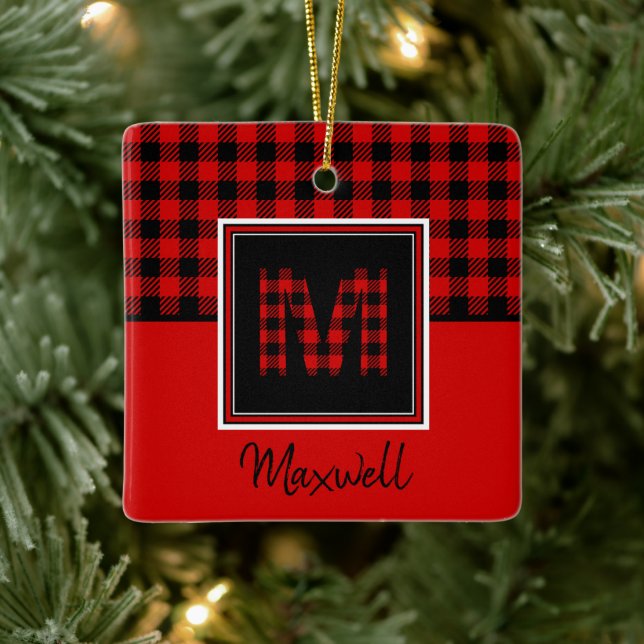 Buffalo Plaid Red and Black Monogram and Name Ceramic Ornament (Tree)