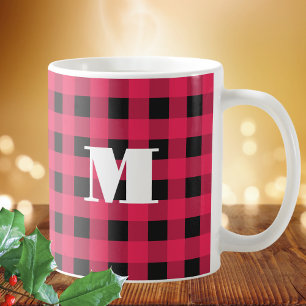 Buffalo Plaid Red Black Check Monogram Christmas Coffee Mug