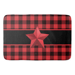 Buffalo Plaid Red/Black with Red Star Design Bath Mat